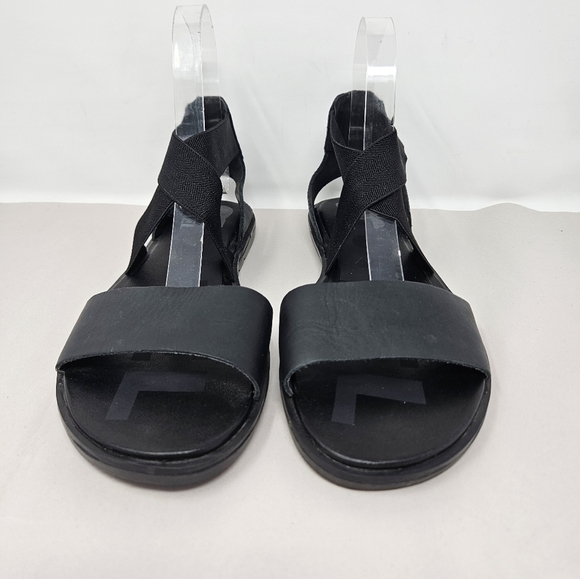 Sorel Sandels Womens Sz 7 Ella II Black Leather Flat Elastic Gore Ankle Strap - Picture 2 of 11